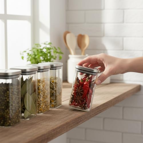 Image of ginoya brothers Airtight Borosilicate Glass Square Jar With Wooden Or Steel Lid Multi-Size, Container for Spices, Coffee, Grains, Snacks & Kitchen Organization (4, STEEL LID, 420 ML)