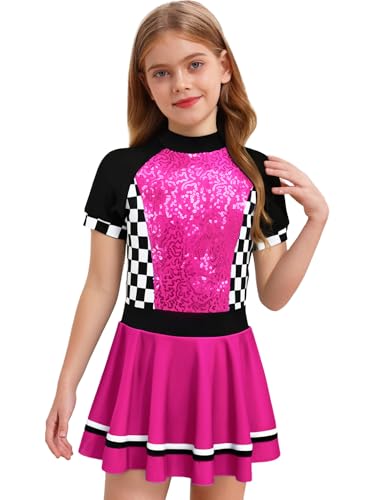 renvena Girls Race Car Driver Jumpsuit Glitter Racer Dress Checkerboard Printed Sequins Tutu Dress3