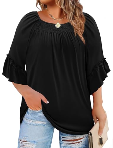 WIHOLL Plus Size Tops for Women Fashion Clothing 3/4 Length Sleeve Tops Blouses for Women Fall Vacation Outfits Summer Shirts Round Neck Loose Fit Black XL
