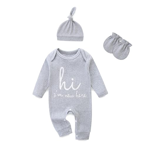 Image of Jomixa Newborn Girls and Boys Romper, Hi I’m New Here Long Sleeve Cotton Baby Clothes, Newborn Coming Home Outfit