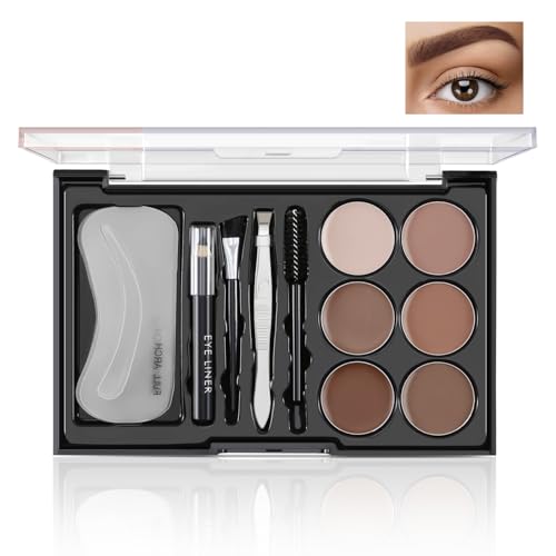 Boobeen Polvo para Cejas, Kit de Maquillaje para Cejas de 6 colores con 4 Plantillas para Cejas, 2 Pinceles para Cejas, 1 Lápiz para Cejas y 1 Pinza, Resistente al Agua de Larga Duración
