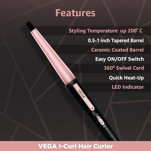 Vega I-Curl Hair Curler for Women with 0.5 inch-1 inch Barrel, Quick Heatup Technology, Rose Gold, (VHCH-05) - Image 3