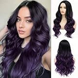 Daiaces Long Curly Purple Wig for Women Ombre Purple Long Wavy Wig Middle Part Mixed Black and Purple for Daily Party Cosplay