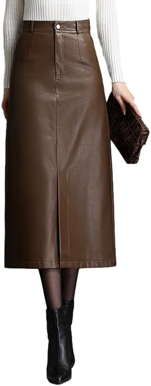 Long Leather Skirts for Women Casual High Waisted Fall Winter Bodycon Midi Skirt with Slit