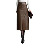 SUNYUESTAR Long Leather Skirts for Women Casual High Waisted Fall Winter Bodycon Midi Skirt with Slit(Brown, L)
