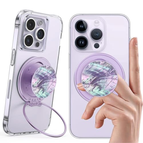 Magnetic Phone Ring Grip,Ultra Thin Phone Kickstand with Finger Loop Strap, Lightweight Phone Ring Holder for Mag Safe iPhone 16/15/14/13/12 Series (Purple Shell)