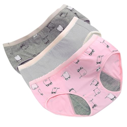 KOMBIUDA Bragas Menstruales Transpirables M, 3 Unidades Algodón Absorbente Antifugas, Ropa Interior Sanitaria para Adolescentes y Mujeres, Colores Gris, Rosa y Rayas, Reutilizables