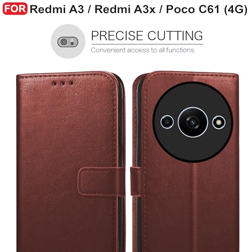 Image of CEDO Flip Cover for Redmi A3 / Redmi A3x / Poco C61 (4G) | Leather Finish | Inside Pockets & Inbuilt Stand | Shockproof Wallet Style Magnetic Closure Back Case Flipcover (Brown)