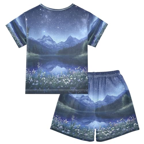 ALAZA Night View Mountain Starry Pajamas Set Short Sleeve Cotton Sleepwear Summer Pjs 2 Piece 5-14Y2