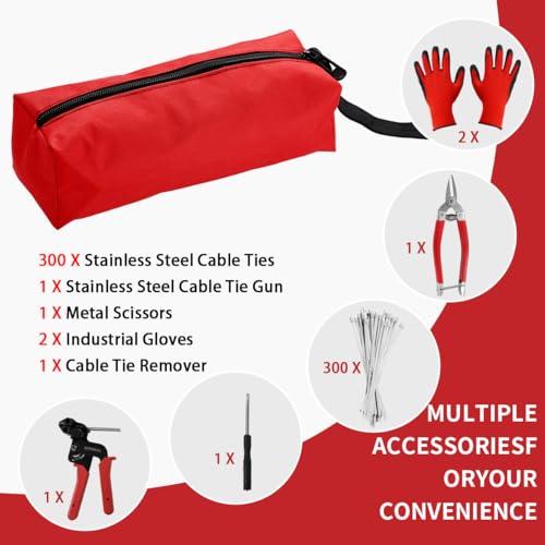 Metal Zip Tie Tool 300PCS (100 Each: 7.8/12/15.7 Inch) Stainless Steel Cable Tie Gun Kit | Self-Locking Fastening & Cutting Tool Metal Zip Tie Gun for Fencing, Exhaust Pipes, Automotive (Red) by ALDEMMHQTC - Used condition - Image 8