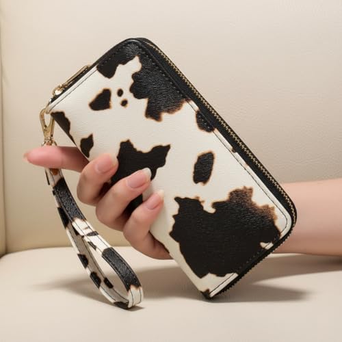 Image of Checkered Cow Print Wallet For Women Skull Goth Frog Butterfly Turtle Ladies Cluth Wristlet Wrist Strap Long Purse Zip Around Card Holder