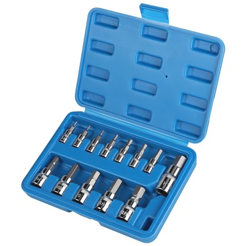 13 Pièces Jeu de Douilles à Six Pans Creux 1/2'',3/8'',1/4'', Lot de 13 Douilles Torx à Six Pans Creux Intérieurs 2-14mm avec Coffret Plastique,Jeu de Douilles 1/2 pour Clé à Chocs