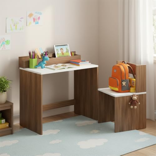 Image of FURNEASER Jasper Medium Size School Desk DIY, Table Chair Set for Kids, (80x40cm) (Exotic Teak & White)