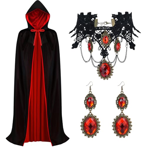 Aopier Vampire Hooded Cloak for Kids, Black Red Two-sided Fancy Cape with Gothic Vampire Jewelry Set Halloween Witch Vampire Costume Cosplay for Boys Girls Aopier Vampire Hooded Cloak for Kids, Black Red Two-sided Fancy Cape with Gothic Vampire Jewelry Set Halloween Witch Vampire Costume Cosplay for Boys Girls