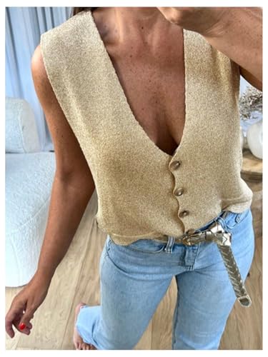 GORGLITTER Women's Crochet Button Down Vest Tops Summer Sleeveless Knit Cardigan Cowboy Chic Oufits2