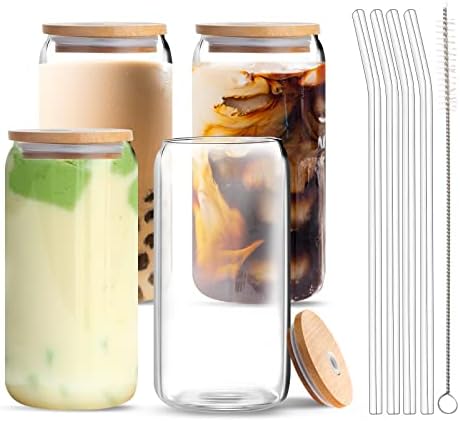 Vozoka Beer Can Glass with Bamboo Lids and Glass Straws, 4 Pack 16oz Drinking Glasses with Lids and Straws, Can Shaped Glass Cups, Iced Coffee Cup, Beer Glasses, Ideal for Water, Soda, Tea, Gift