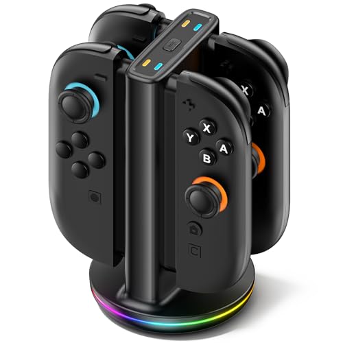 Cargador Mandos para Switch 2, 2,5H Rápida Base Cargador para Switch Joy-con 2025, Estacion Carga para Joy-con 2 con 9 Modos de Luz, Base para Carga en Cualquier Dirección, Figuras interactivas
