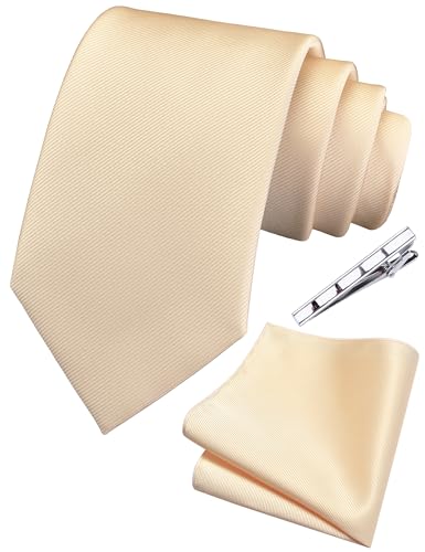 Branduce 3.15"(8cm)Men's Solid Color Necktie and Pocket Square Tie Clip Wedding Business Sets + Gift Box, Champagne, general