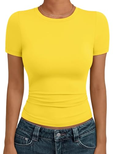 AUTOMET Women's Crew Neck Short Sleeve Summer Basic T-Shirt Stretchy Tight Fitted Soft Going Out Workout Gym Tops Yellow M