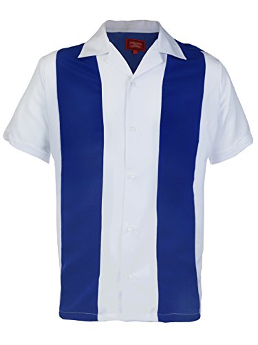 Maximos Men's Retro Charlie Sheen Two Tone Guayabera Bowling Casual Dress Shirt Royal Blue/White