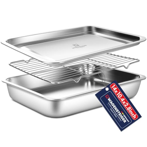 Stainless Steel Food Prep Container with Rack & Lid (Tray) 4.54Quarts Catering Pans Restaurant Pans Buffet Party pan Roasting Pan with Rack Bakeware Roaster Casserole (1307 / No7)