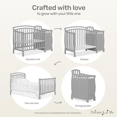 Image of Dream On Me Casco 3-in-1 Mini Convertible Baby Crib & Changer with Storage, Pebble Grey, Pinewood, GreenGuard Gold & BSA, 1 inch Mattress Pad, 3 Mattress Heights, Converts to Mini Day & Twin-Size Bed
