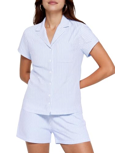 Image of Womens Striped Pajama Set Cute Pjs Sleepwear Short Sleeve Shirt and Shorts Set Blue L