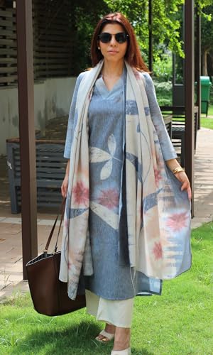 Image of ANNI Designer Women Cotton Blend Straight Fit Printed Kurta Pant Dupatta Set | V Neck Three Quarter Sleeve Ensemble | Soft Breathable Fabric | Comfortable Elegant Styling for Office Casual Wear