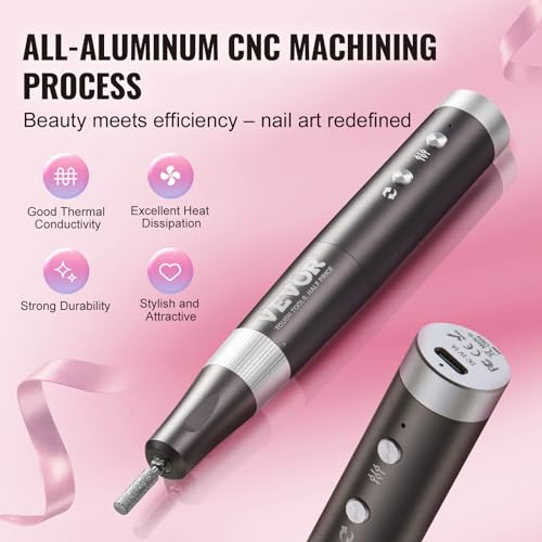 Image of VEVOR Electric Cordless Nail Drill, 30,000RPM Variable-Speed Rechargeable Nail E File Machine, Nail Surface Smooth, Portable Manicure Pedicure Polisher with 50PCS Sanding Bands for Dead Skin Removal
