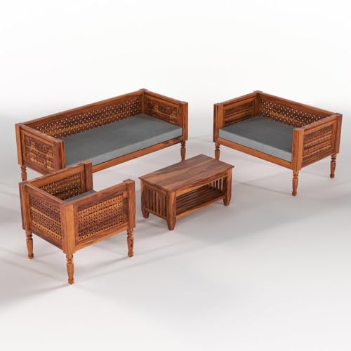 Image of Sheesham Wooden 6 Seater Sofa Set for Living Room Rosewood Cushion Solid Wood Sofa Set for Lounge (Honey with Grey Cushion, 6 Seater)