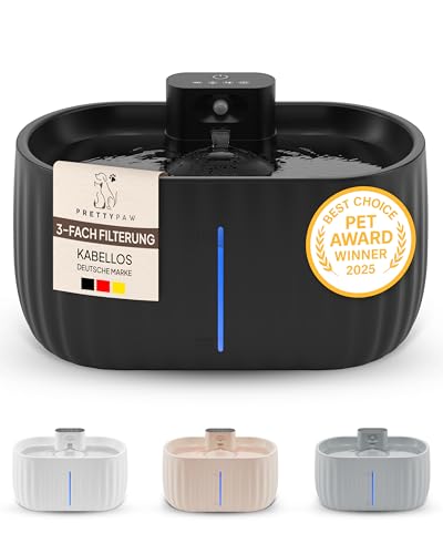 Pretty Paw Katzenbrunnen Kabellos mit Bewegungsmelder - Trinkbrunnen für Katze mit 45 Tagen Akku - Wasserbrunnen für Katzen mit Filter & 3 Liter Wassertank - Aqua Sense (Schwarz)