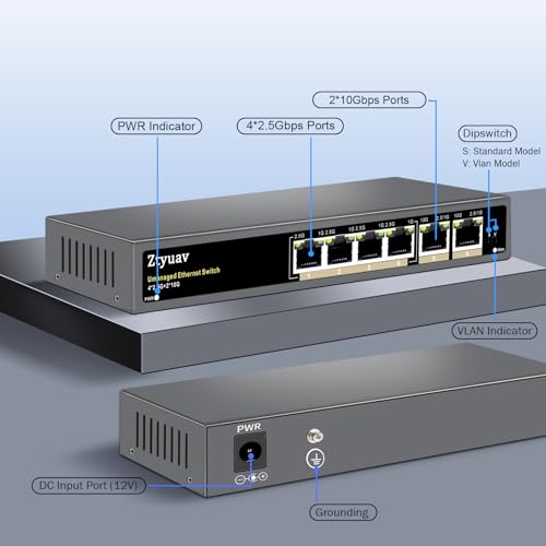 Image of 6 Port Unmanaged 2.5G Ethernet Switch with 4 x 2.5G RJ-45 Ports, 2 x 10G Uplink Ports, Ports Speed Auto-Negotiation-100 /1000 /2500Mbps, One-Key VLAN, Fanless Metal Design, Plug & Play