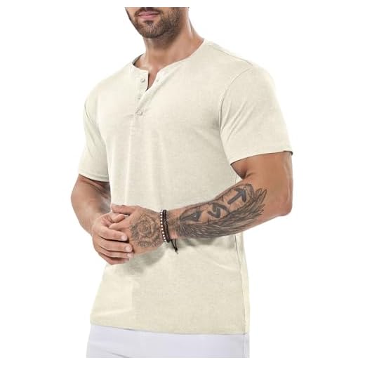 ICEMOOD Camiseta masculina Henley Dry Fit Tech 3 botões slim fit secagem rápida camiseta de ginástica manga curta leve casual camiseta básica, Creme, XGG