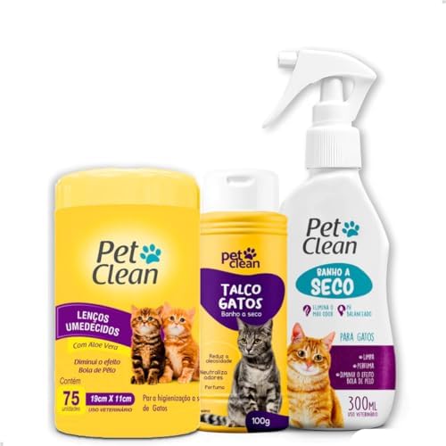 Kit Banho a Seco para Gatos 300ml Pet Clean + Lenço Umedecido Gat...