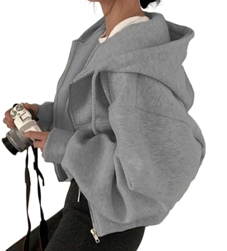 [andrei] アンドレイ パーカー ジップ アップ ショート 丈 クロップド 裏 起毛 フード 付き ポケット 暖かい 防寒 レディース (グレー, M) - andrei - 商品画像