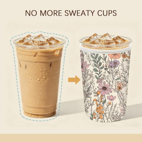 Image of Insulated Neoprene Cup Sleeve for Iced Coffee & Cold Soda - Reusable & Sweatproof, Keeps Drinks Cold Longer, Coffee Coolie for Hot & Iced Drinks (Wildflowers, Large: 32oz)