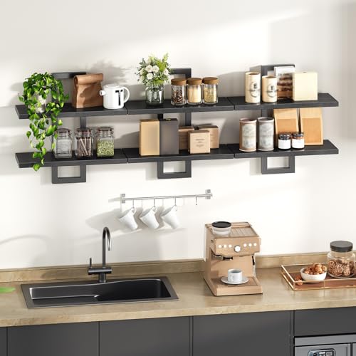 Image of HOOBRO Floating Shelves, 15 Inch Wall Shelf Set of 3, Wall Mounted Storage Shelves 2-Tier, Hanging Bathroom Shelves, for Living Room, Bedroom, Bathroom, Kitchen, Black BK32BJP301