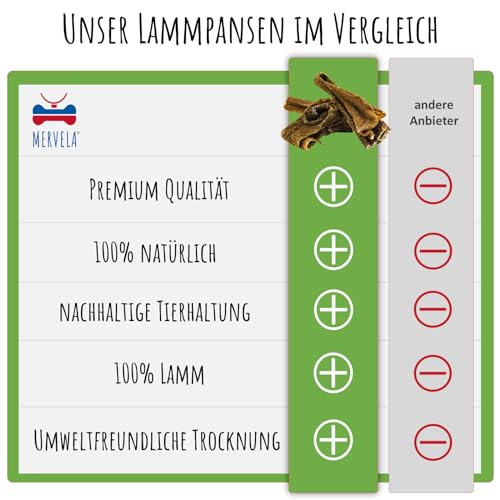 MERVELA Lammpansen für Hunde | 500 Gramm | Qualität aus Deutschland | 100% natürliche Kauartikel | getrockneter Kausnack ohne Zusatzstoffe