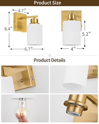 Image of Rayogale Wireless Battery Operated Wall Sconce Set of 2 with Remote Control | Gold Dimmable Rechargeable Wall Lights with Timer, Easy Install White Glass Lamp for Living Room Bedroom, Emergency 3000K