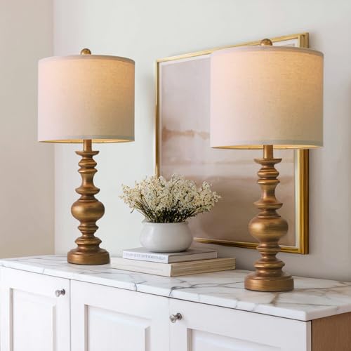BOBOMOMO 24 Traditional Lamps Set of 2 Antique Gold Bedside Lamps with Linen Shades Elegant Medium Farmhouse Lamps for Living Room Bedroom and Hallway Ideal for Warm Cozy Spaces