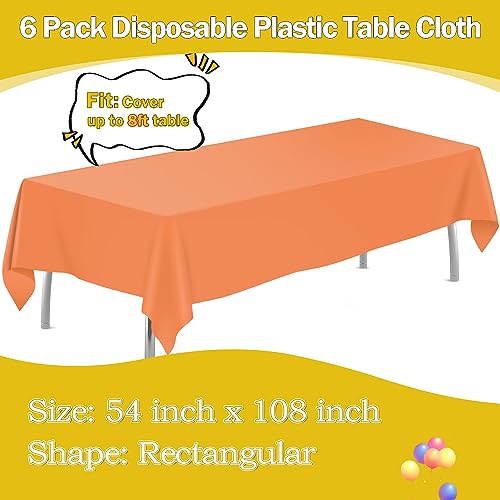 Image of tujol Orange 6 Pack Plastic Table Cloth 54 inch x 108 inch, Disposable Tablecloths Rectangle Table Cover, Plastic Tablecloths for Parties