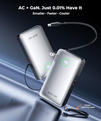 Image of Portable Charger Power Bank - Battery Pack 35W AC Plug GaN 10000mAh Built in Cable USB C Phone Fast Charging Powerbank Compatible with iPhone 16 15 14 13 12 11 X iPad MacBook Samsung (White)