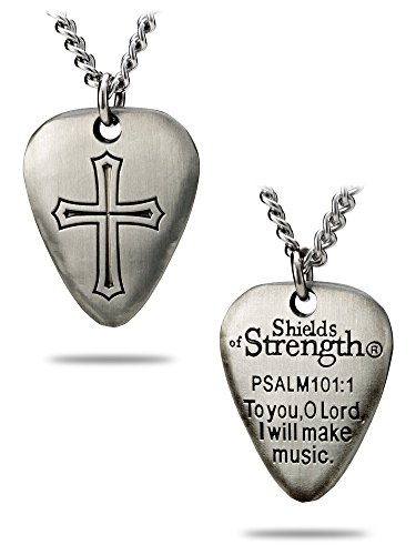 Shields of Strength Mens Antique Finish Guitar Pick Cross Necklace Psalm 101:1 Pendant Curb Chain Music Lover Christian Faith Jewelry Gift