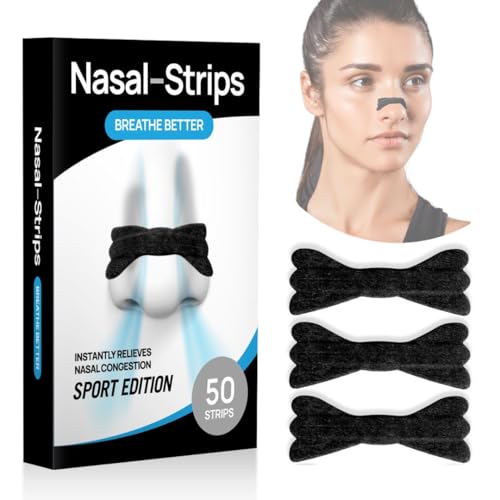 50 Tiras Nasales Deportivas Negras y Antironquidos, 50 Unidades, Mejora la Respiración al Dormir, Correr y Mejora tu Rendimiento, Adhesivas, Cómodas y Efectivas Antirronquidos
