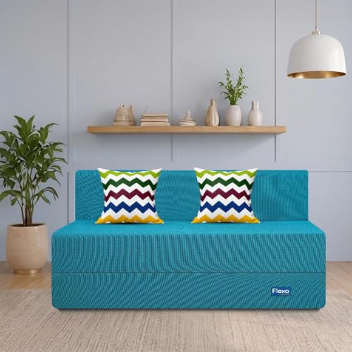 Image of Starlon 3 Seater Sofa Cum Bed Foldable 3-in-1 Sofa Bed with 1 Year Warranty, Washable Jute Fabric Cover & 2 Waves Pillows | Guest Bed | Aqua Teal 6x6 Ft