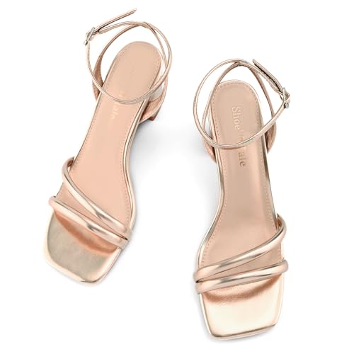 Image of Shoe'N Tale Strappy Heels for Women Square Toe Chunky Block Heels Ankle Buckle Heeled Sandals