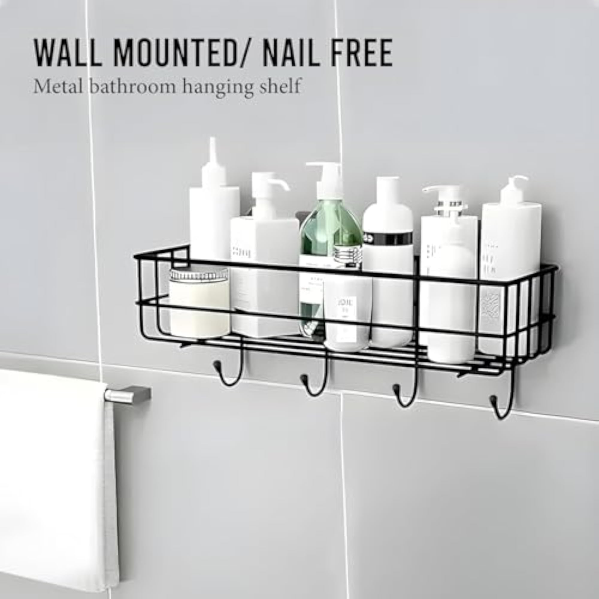 Multipurpose Bathroom Rack with 4 Hooks, Adhesive Shower Caddy