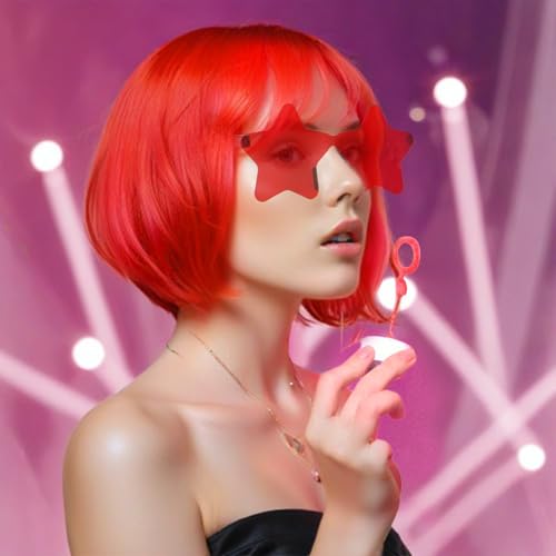 anogol hair cap  sunglasses red bob wig with bangs womens red party wigs with star shape sunglasses short neon wig daily party outfit fun wigs women halloween costume night club bachelorette hair