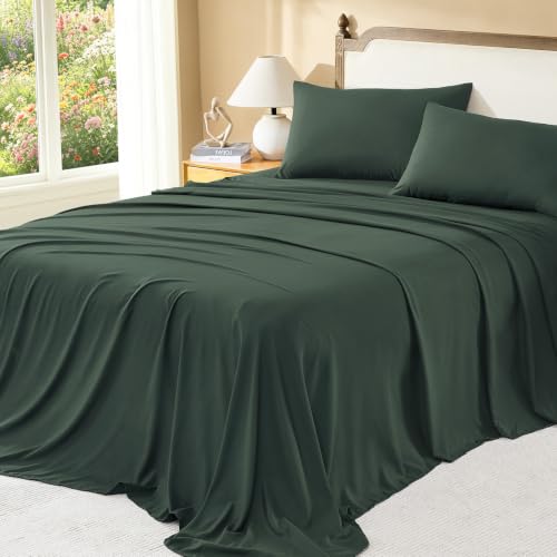 Image of Litanika Forest Green Queen Size Comforter Set with Sheets - 7 Pieces Bed in a Bag Queen Boho Tufted Complete Bedding Sets with Comforter, Sheets, Pillowcases & Shams
