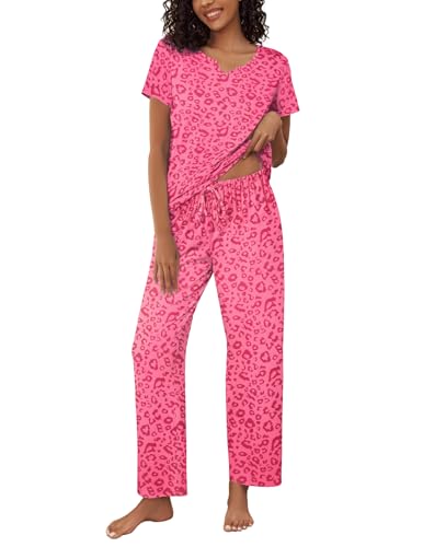 Ekouaer 2 Piece Womens Pajamas V Neck Short Sleeve Top and Long Pants Pjs Print Lounge Set Sleepwear